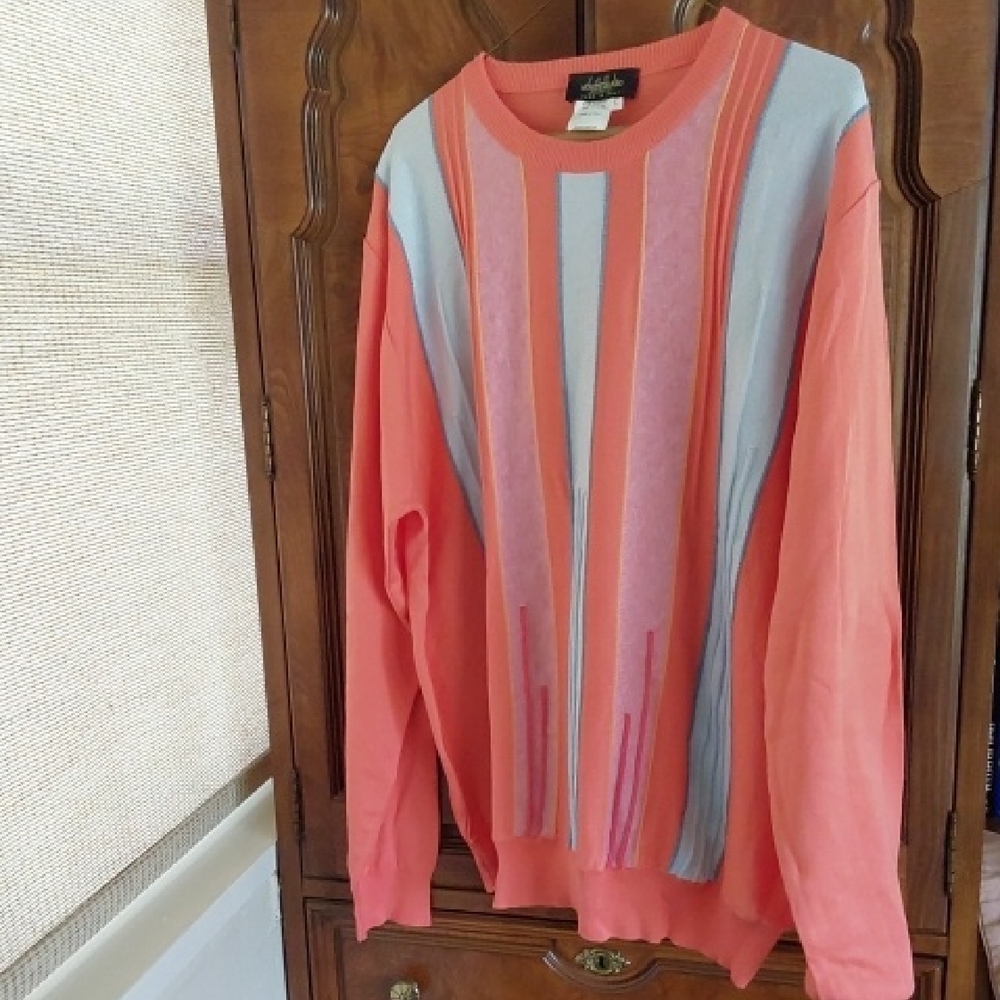 Orange and Blue Crewneck Sweater with Vertical Stripes
